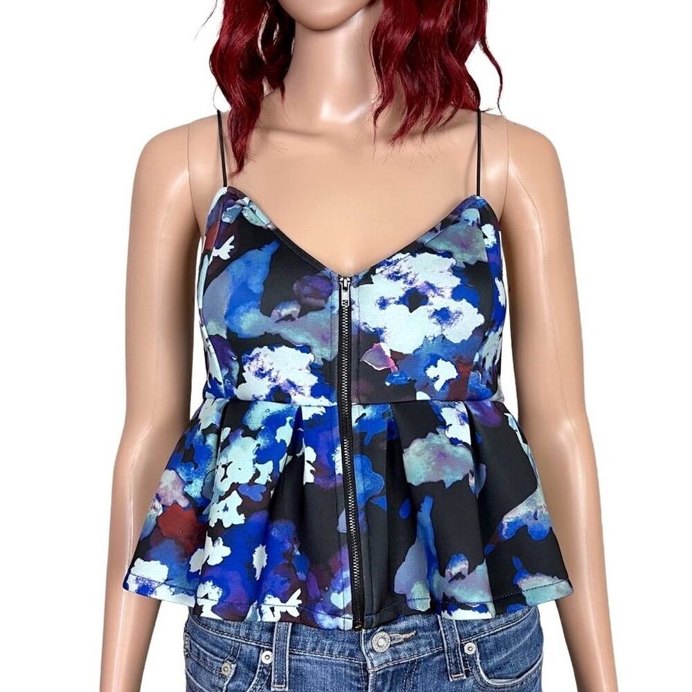 UO Silence+Noise Floral Peplum Top with Zipper Front Medium Blue